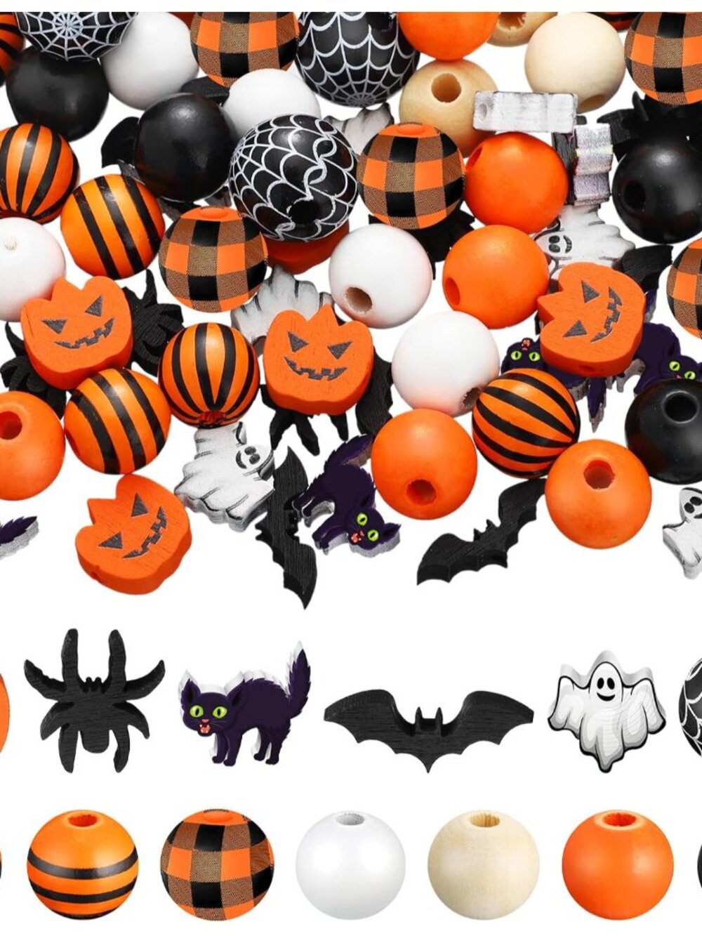 200 Pcs Halloween Plaid Pumpkin Bat Wooden Beads